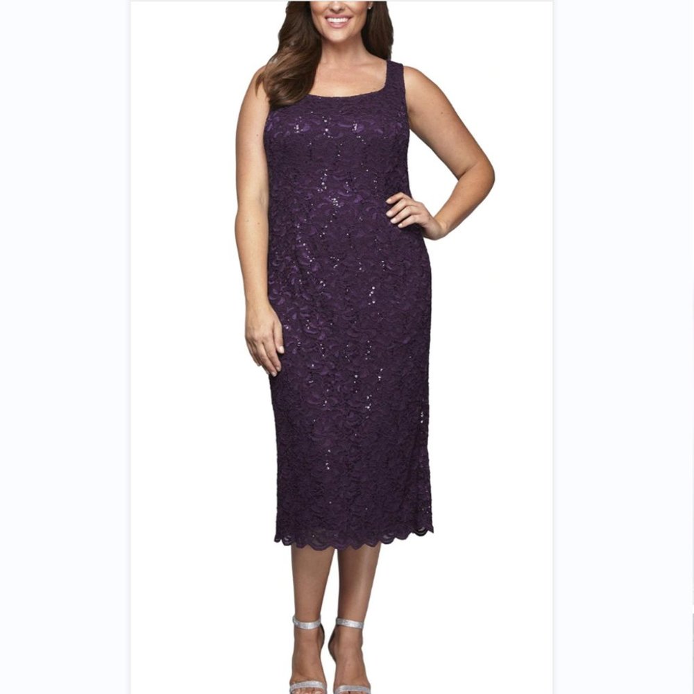 Alex Evenings Without Jacket 412264 SQUARE NECK LACE TEA LENGTH DRESS